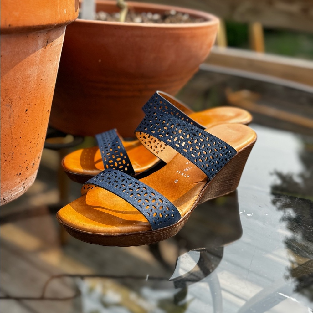 Italian Shoemakers Women's Navy Leather Cutout Wedge Sandals